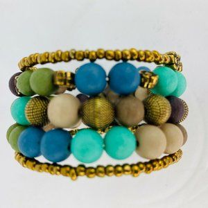Blue Green Beige Gold Tone Bead Stack Bracelet